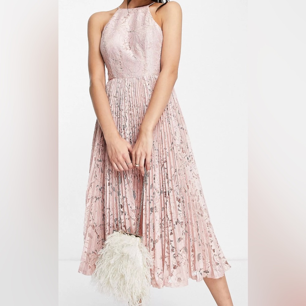 ASOS Midi dress with pleated lace in blush pink